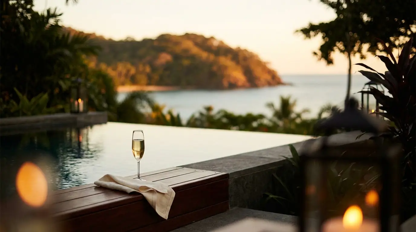 A resort terrace at dusk with candle-lanterns overlooking a calm ocean