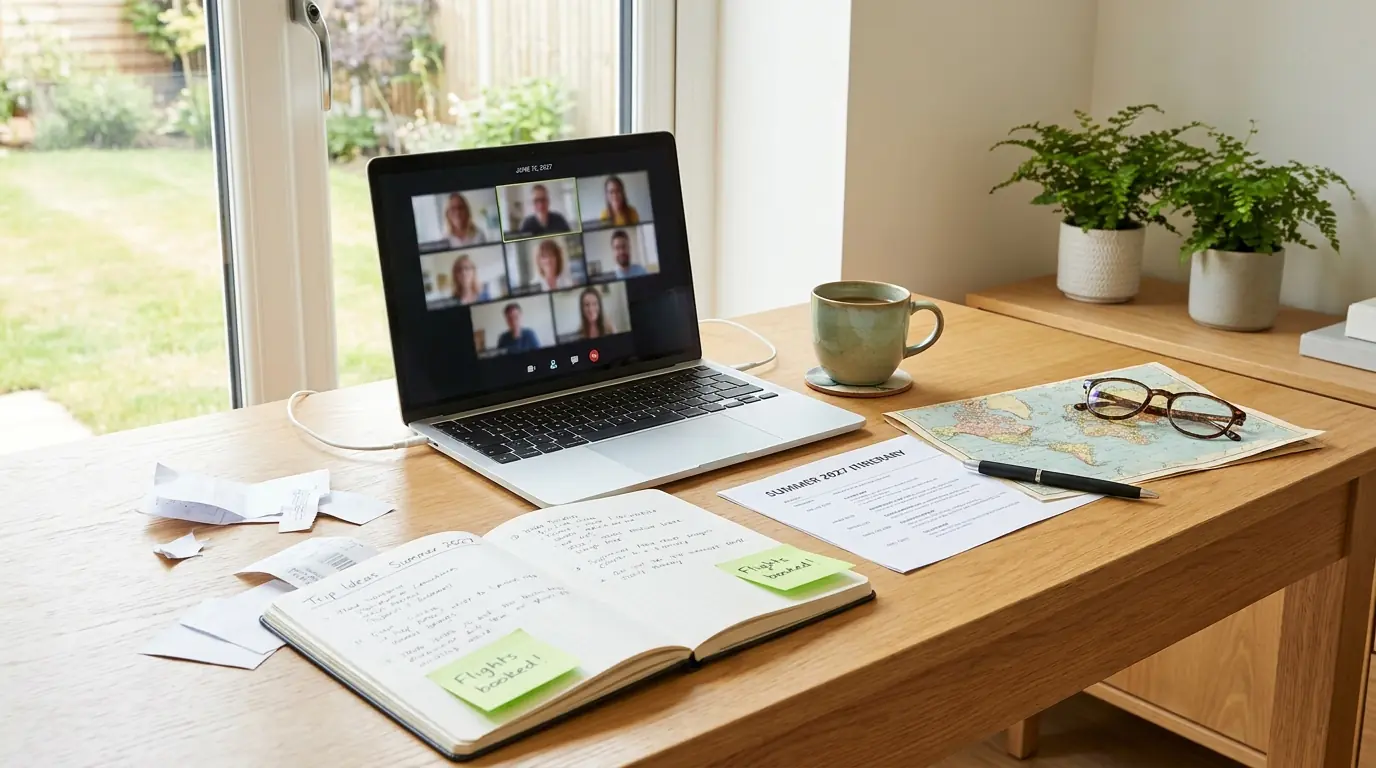 A remote planning session — a laptop video call alongside travel notes, an itinerary and a world map on a desk