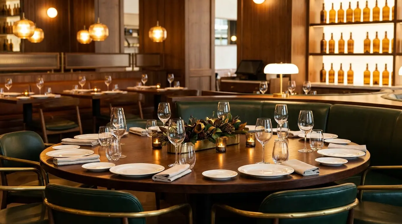 A round table set for ten in an intimate restaurant with green leather seating and warm lighting