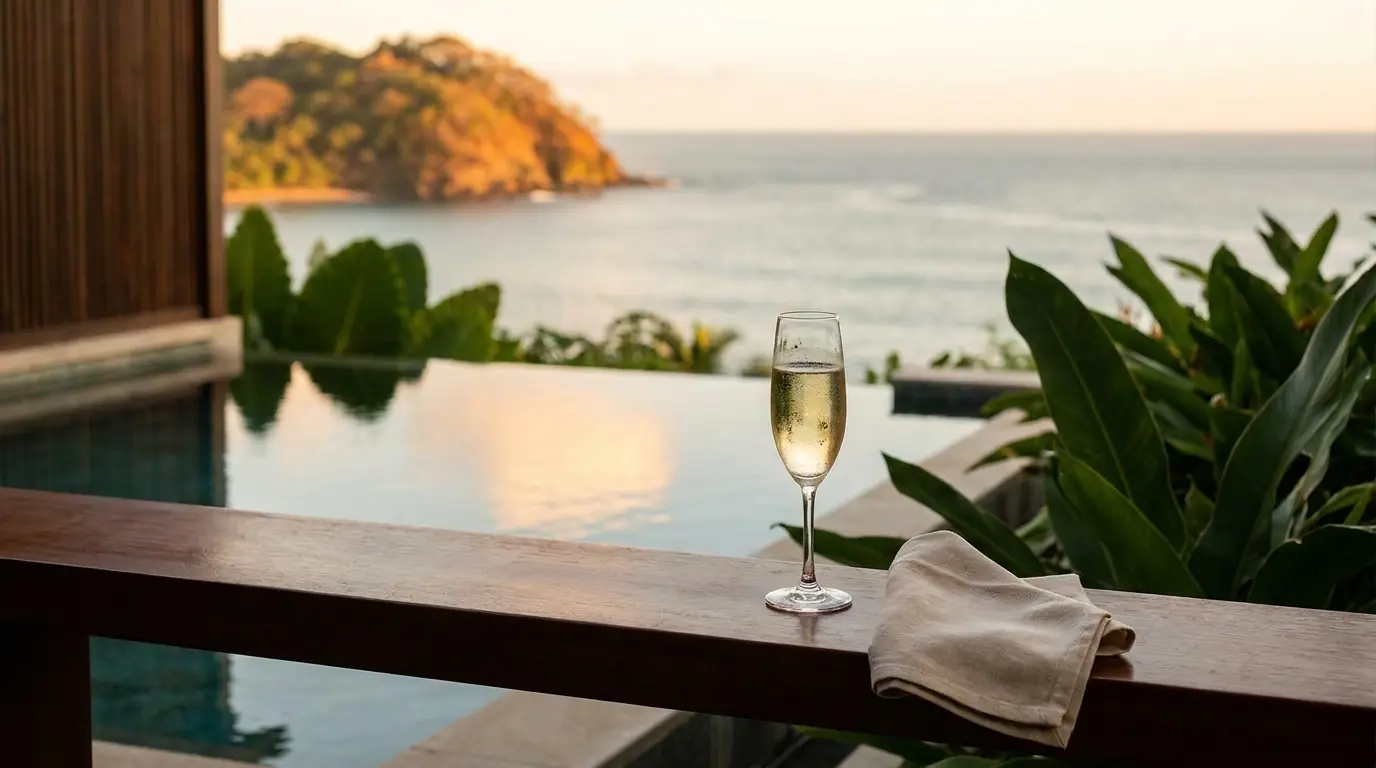 A coastal resort terrace at golden hour, a glass of champagne on the ledge overlooking the ocean