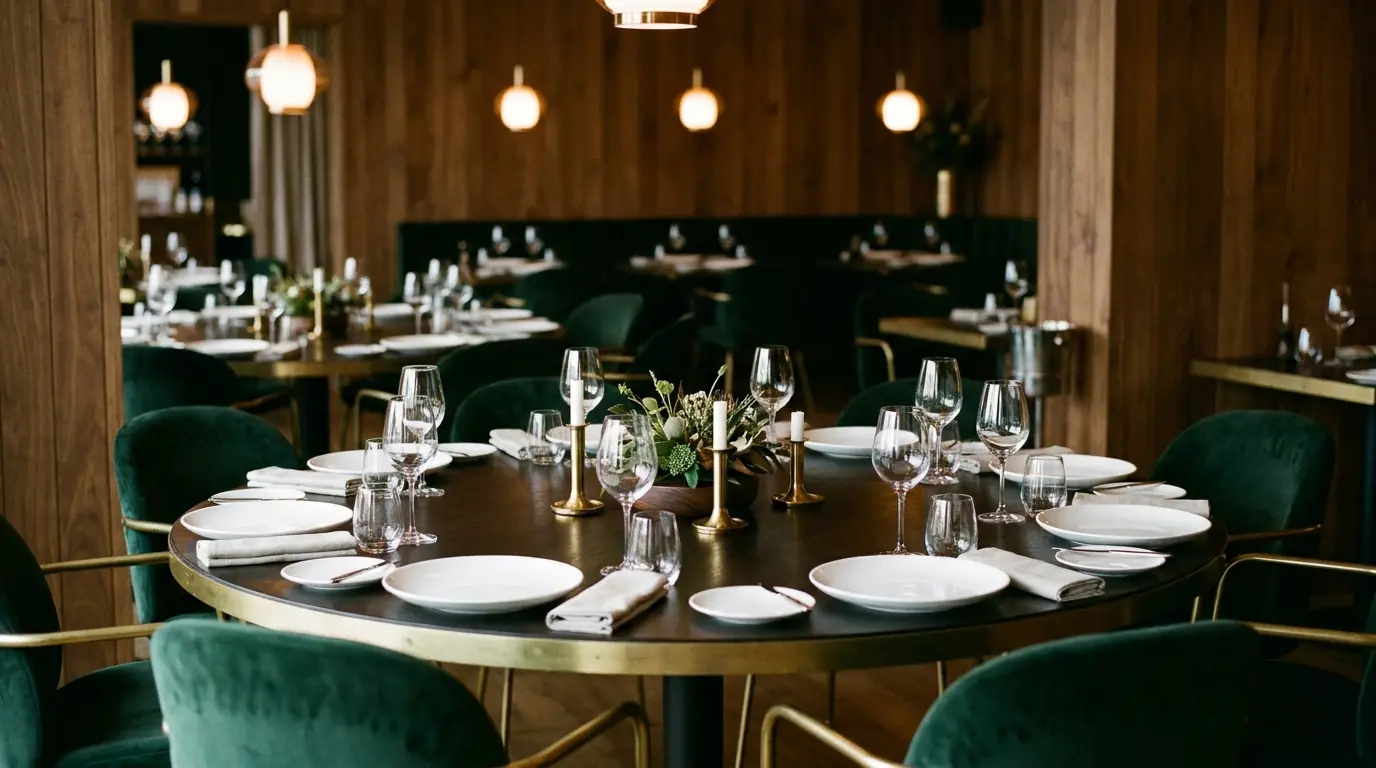 A round table set for ten in a warm restaurant with green velvet chairs and brass lighting
