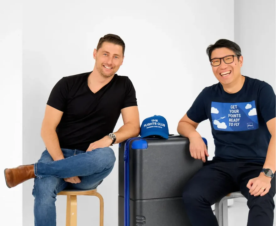 Steve Pirie-Nally and Steve Hui with The iFLYflat Flights Club luggage