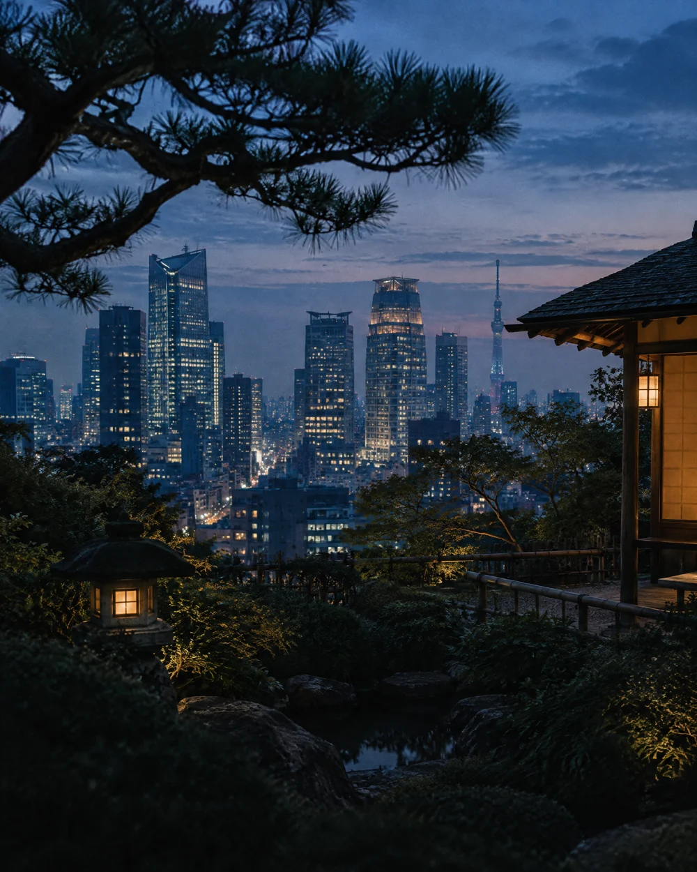 Japanese garden and lanterns overlooking a city skyline at dusk, editorial destination imagery